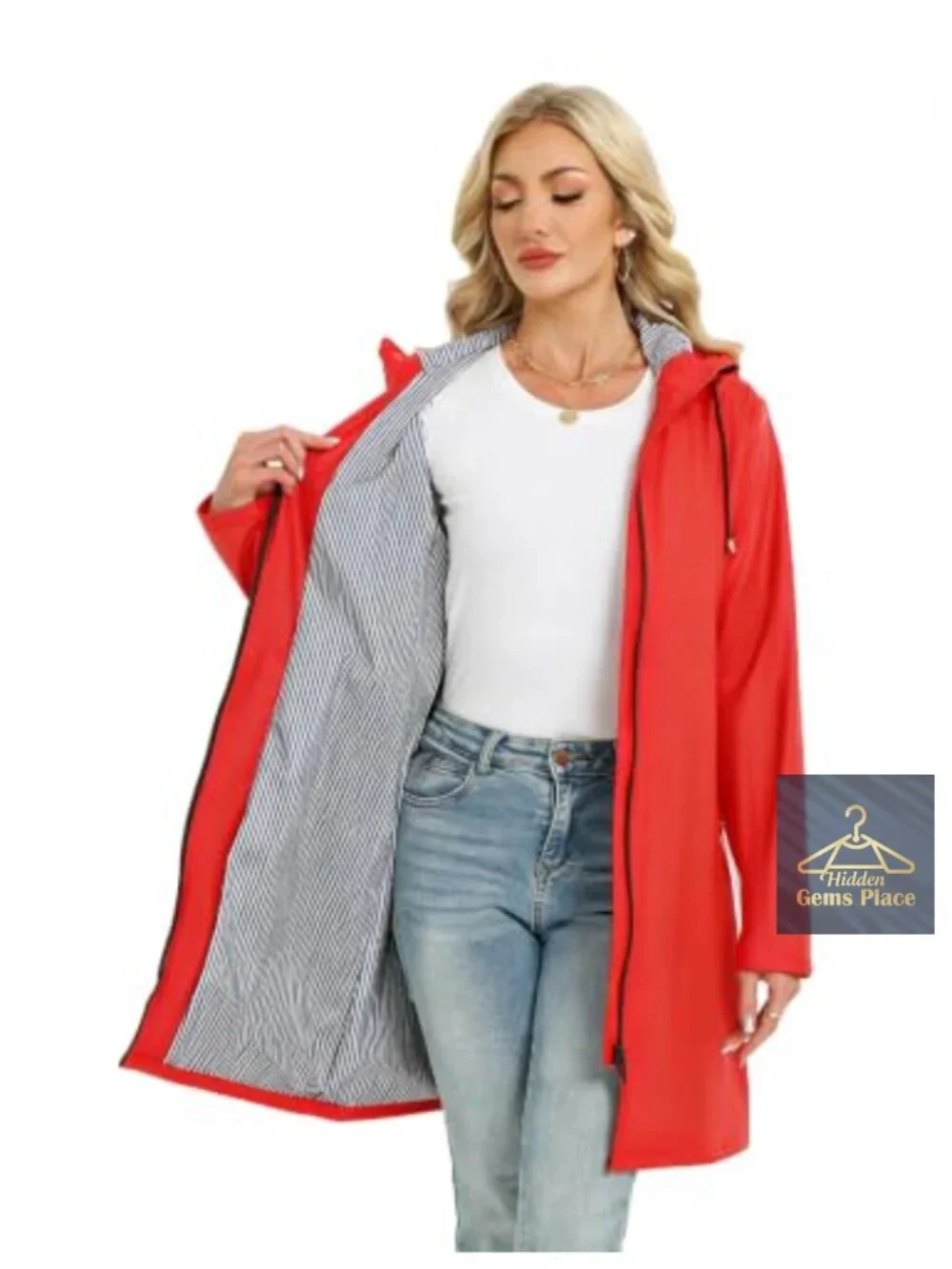 Women's Waterproof Long Raincoat PU Windbreaker Hooded Jacket